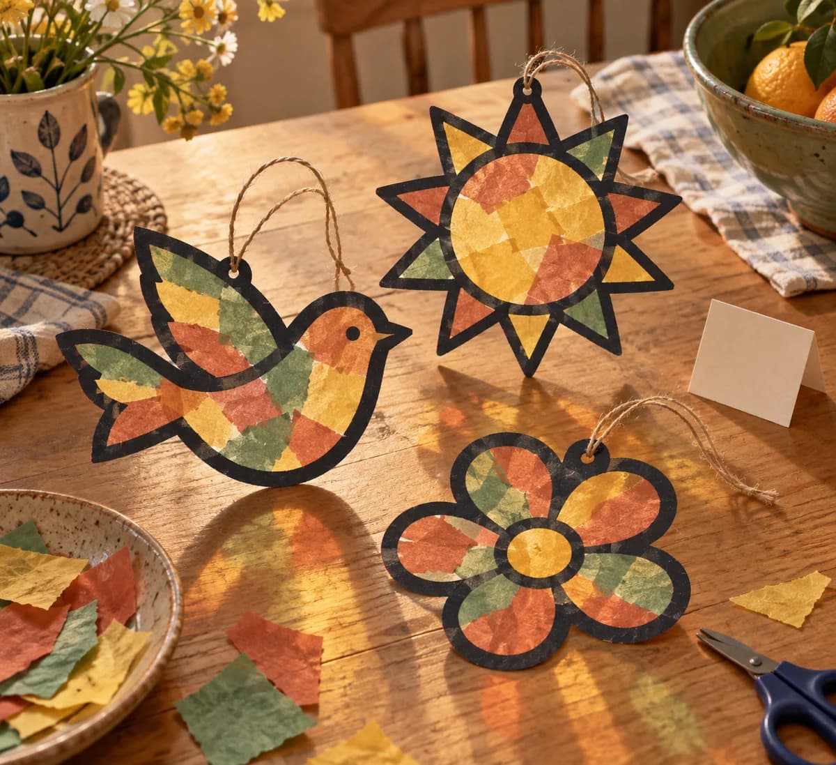 Attrape-soleil en papier vitrail : L'attrape-soleil en papier vitrail mesure environ 19 cm de diamètre. Il présente un cadre noir circulaire et un centre composé de morceaux d